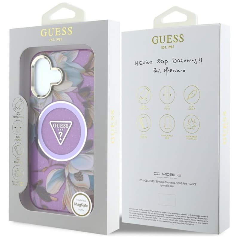 Guess Glitter Flowers Triangle Buttons MagSafe - Case for iPhone 16 (purple) 8