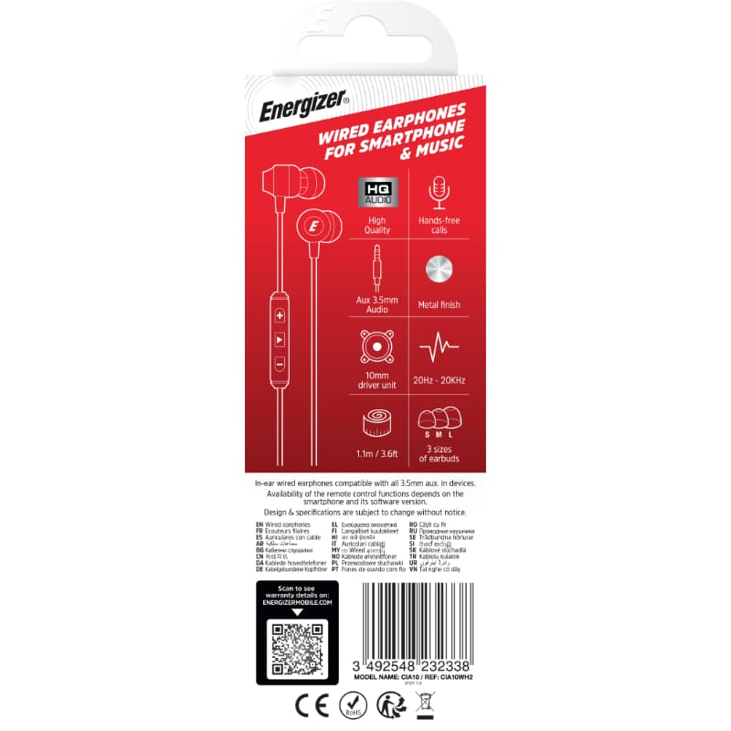 Energizer Classic CIA10 - 3.5 mm jack wired headphones (White) 3