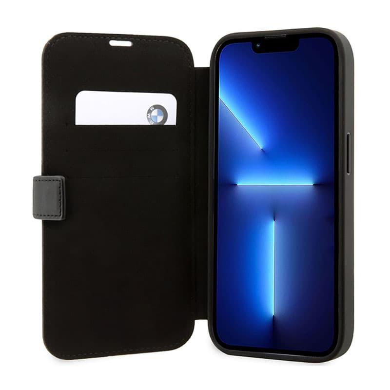 BMW Booktype Leather Stamp Blue Lines - Case for iPhone 14 Pro Max (Black) 6