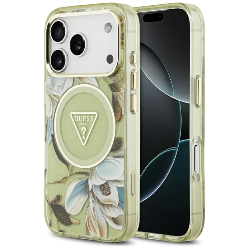 Guess IML Glitter Flowers Triangle MagSafe - Case iPhone 17 Pro (green)