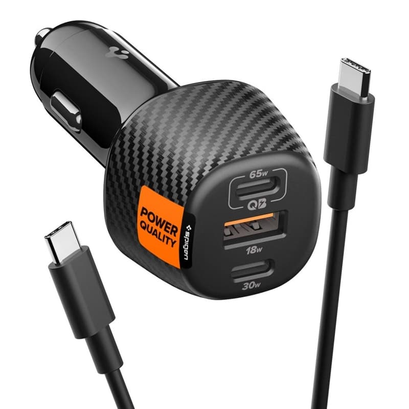 Spigen Essential EV1133 – Car Charger 2x USB-C PD and USB-A QC3.0 113W + 100W, USB-C Cable, 1m (Black) 1
