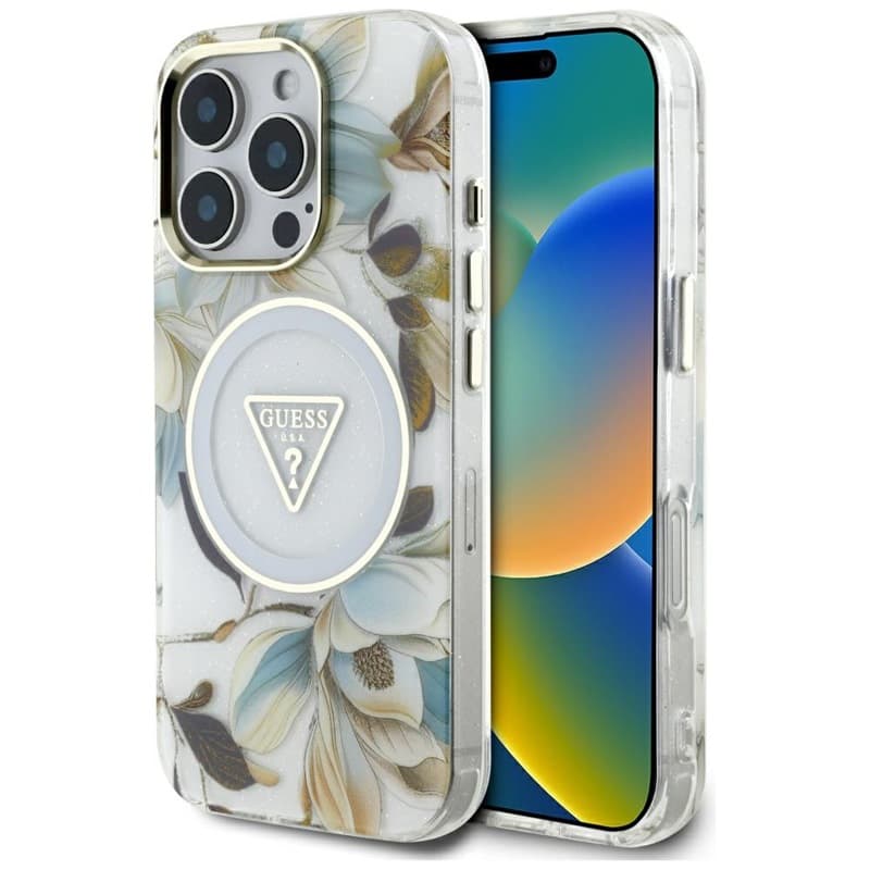 Guess Glitter Flowers Triangle Buttons MagSafe - Case for iPhone 16 Pro Max (white)