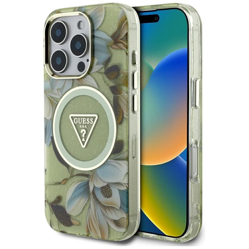Guess Glitter Flowers Triangle Buttons MagSafe - Case for iPhone 16 Pro (green)