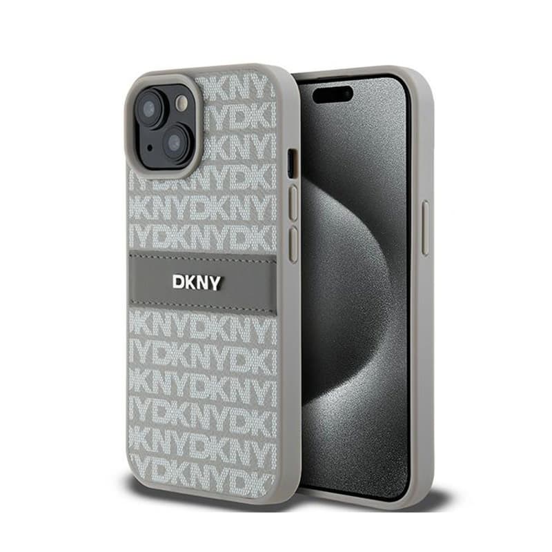 DKNY Leather Mono Stripe & Metal Logo - Case for iPhone 15 / 14 / 13 (beige)