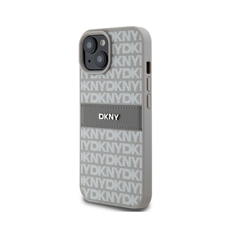 DKNY Leather Mono Stripe & Metal Logo - Case for iPhone 15 / 14 / 13 (beige) 2
