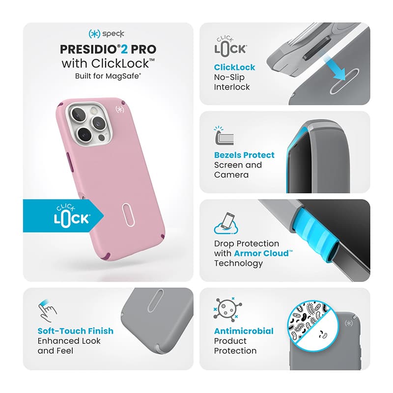 Speck Presidio2 Pro ClickLock & MagSafe - iPhone 16 Pro Case (Wednesday Pink / Boysenberry Purple / White) 3