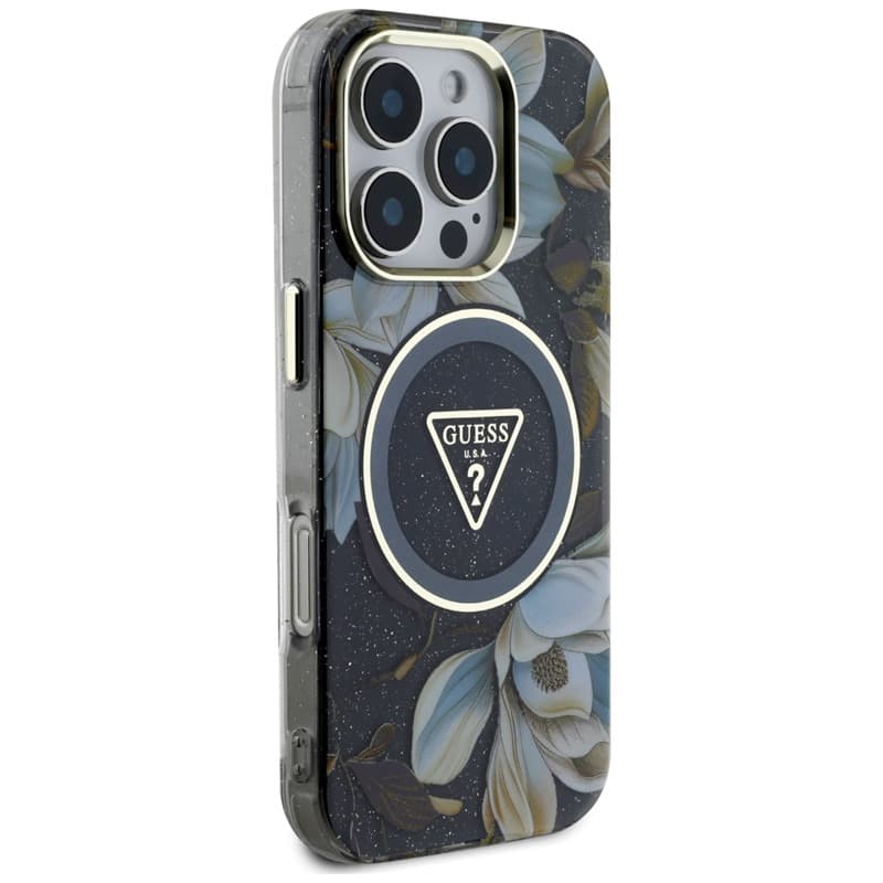 Guess Glitter Flowers Triangle Buttons MagSafe - Case for iPhone 16 Pro (black) 4