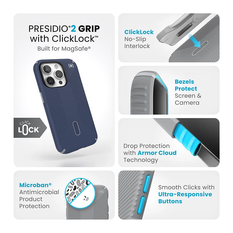 Speck Presidio2 Grip ClickLock & MagSafe - iPhone 15 Pro Case (Coastal Blue / Dust Gray) 3