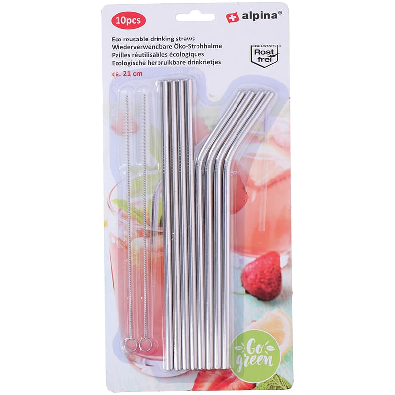 Alpina - eco-friendly multi-use metal straws with cleaning brushes (8+2 pcs.) 2