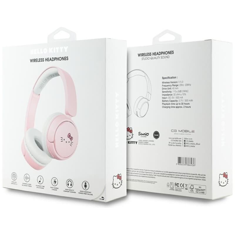 Hello Kitty Face Logo - Wireless Over-Ear Bluetooth Headphones V5.3 (Pink) 5