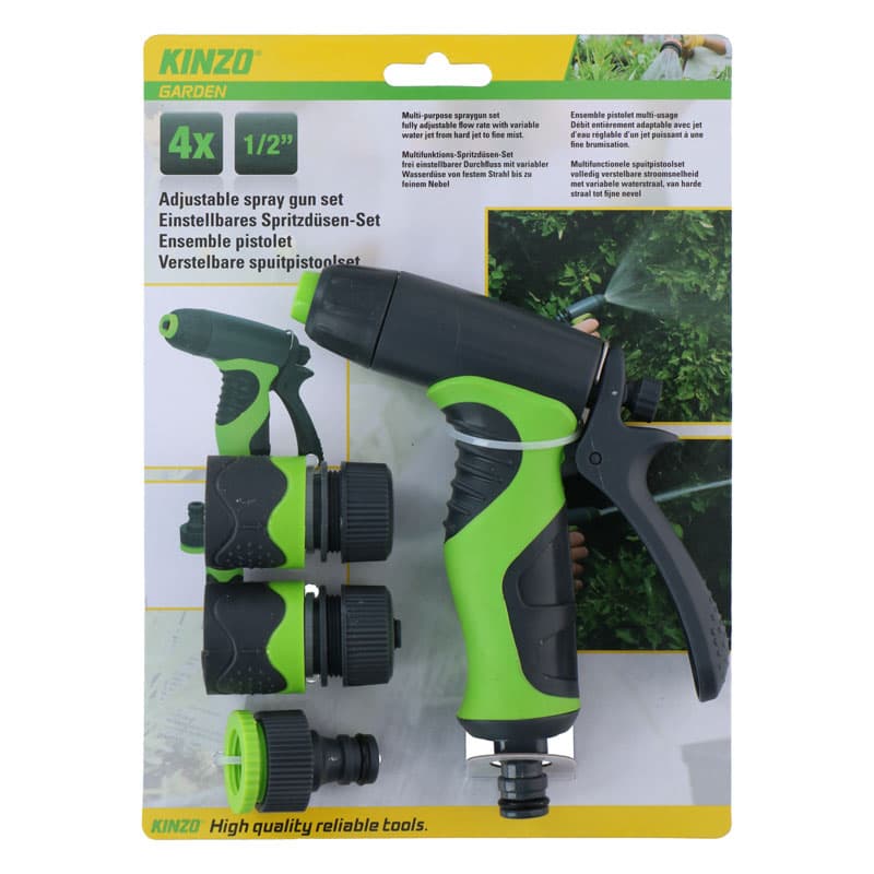 Kinzo - Garden watering kit, spray gun with flow regulation plus 1/2 "couplings (4 pcs.) 1