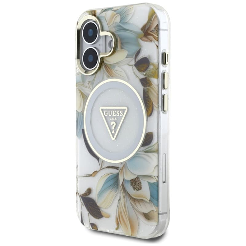 Guess Glitter Flowers Triangle Buttons MagSafe - Case for iPhone 16 (white) 2