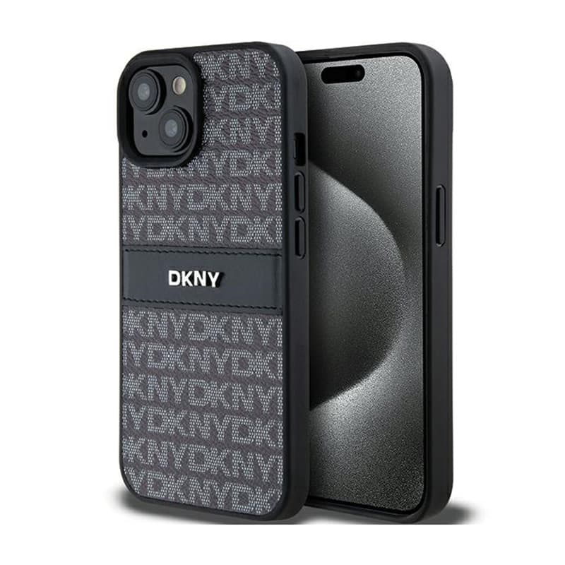 DKNY Leather Mono Stripe & Metal Logo - Case for iPhone 15 / 14 / 13 (black) 1