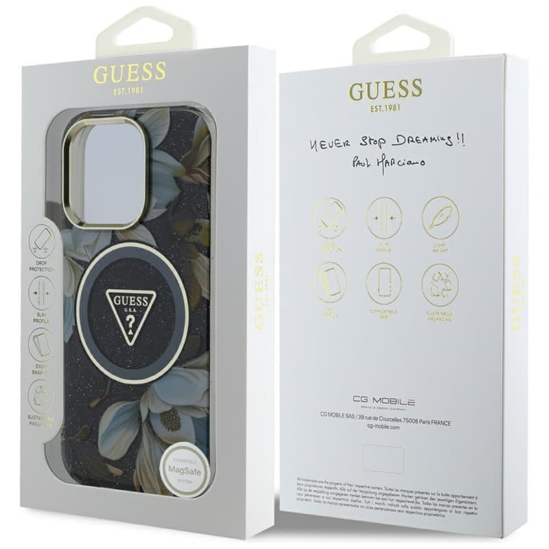 Guess Glitter Flowers Triangle Buttons MagSafe - Case for iPhone 16 Pro Max (black) 8