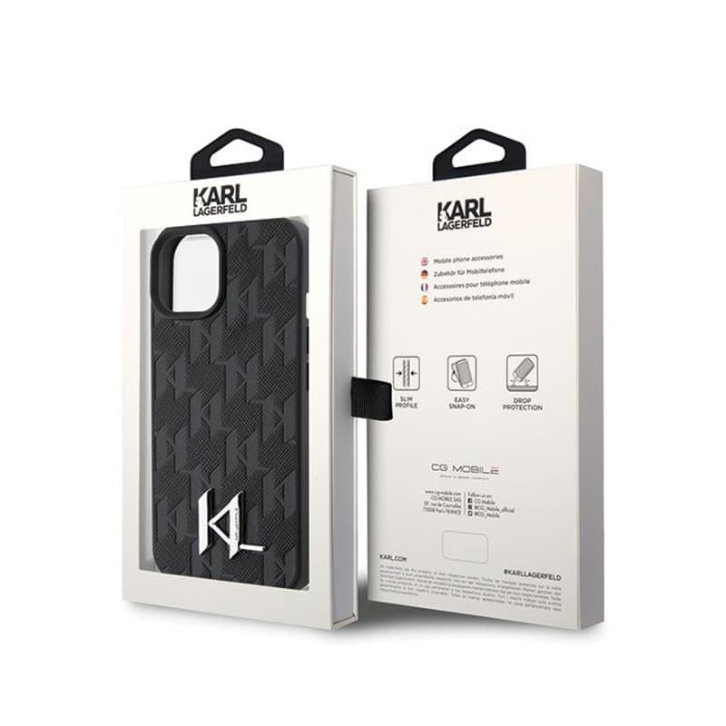 Karl Lagerfeld Leather Monogram Hot Stamp Metal Logo - Case for iPhone 15 (black) 8