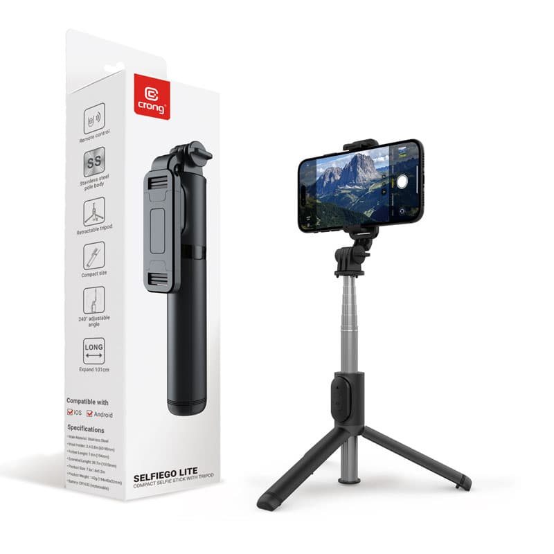 Crong SelfieGo Lite – Compact Bluetooth Selfie Stick Tripod (Black) 1